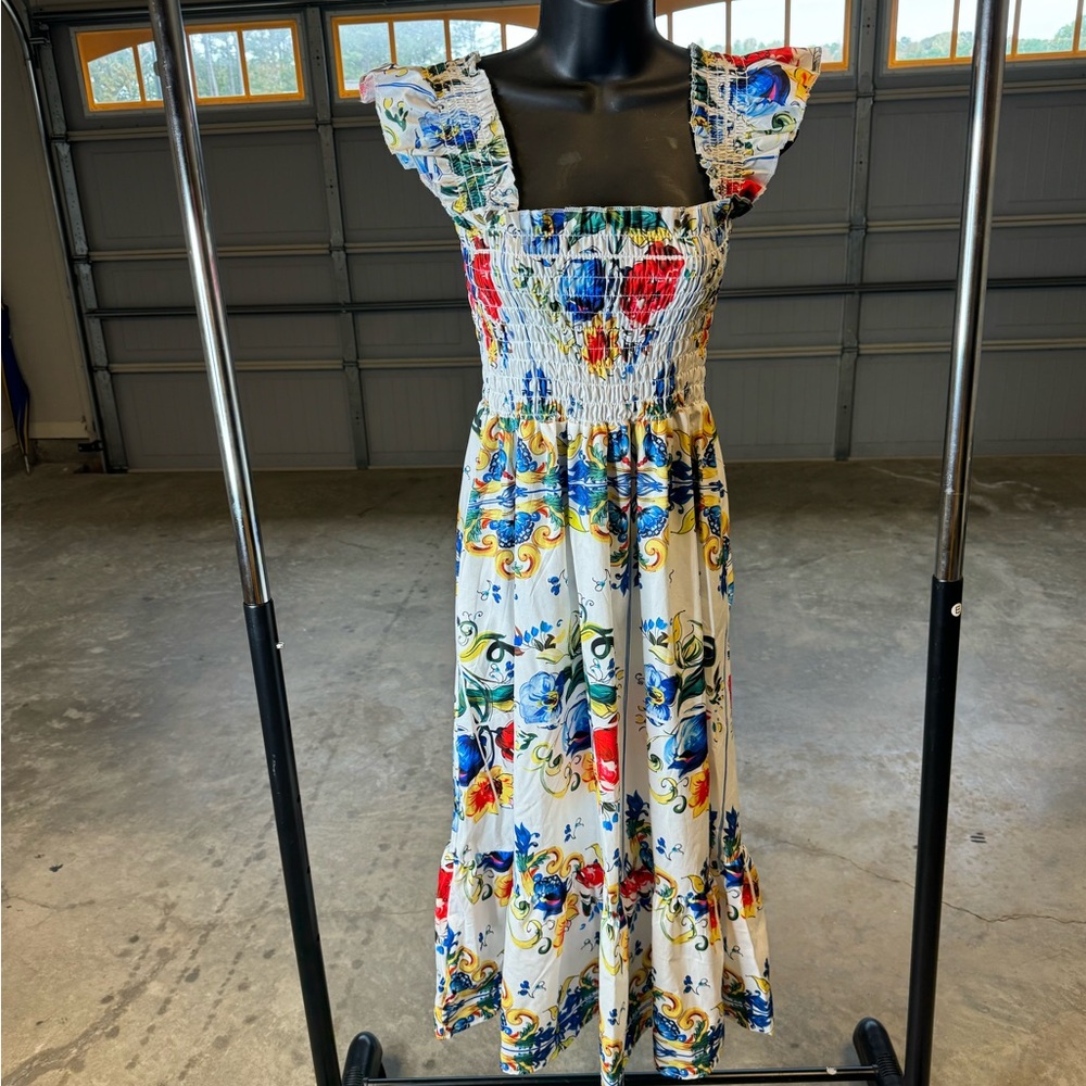White Blue Floral Square Neck Tiered Sundress